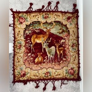 Antique 1880s piano cover tapestry blanket deer roses AS IS